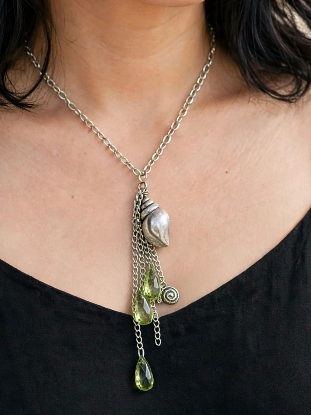 Silver Shell Pendant Necklace with Olive Green Teardrop Accents